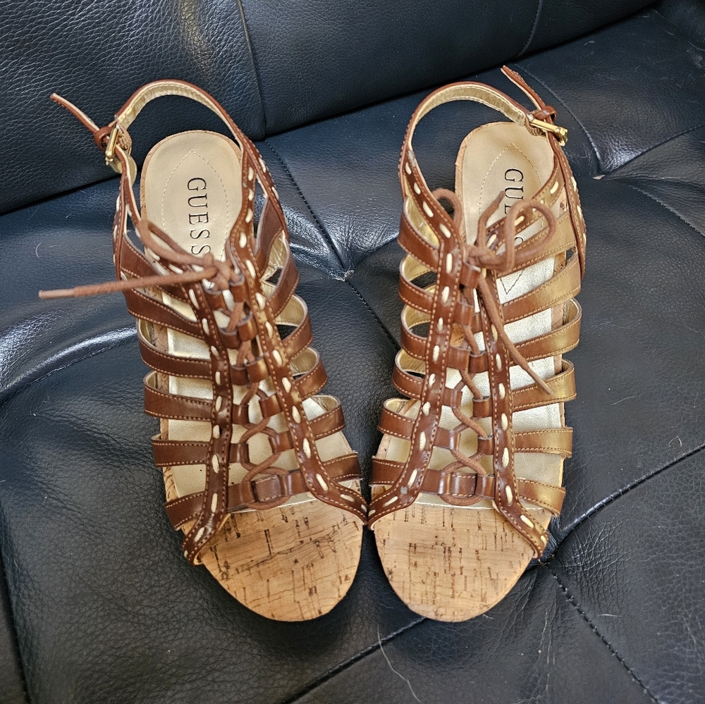 Guess Brown Strappy Cork Sandals